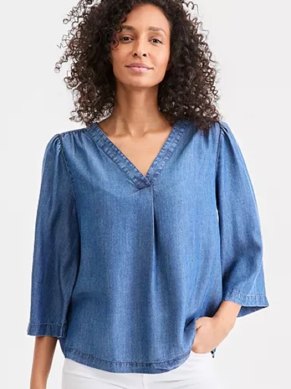 077- Style & Co Blue Denim V-Neck Chambray 3/4 Sleeve Top Size 2X